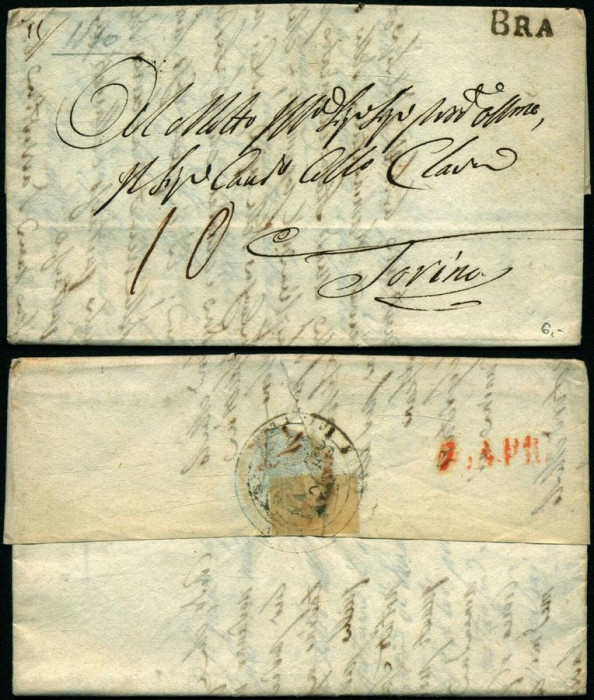 Italy 1830 Postal History Rare Stampless Cover + Content Bra Torino D.1079