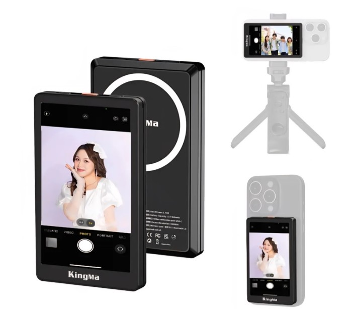 Monitor magnetic, KingMa VL-PH02 MAX, pentru selfie-uri si vlogging, ecran 3.97&quot;, compatibil iPhone, Samsung, Huawei, rezolutie 4K 30fps, negru