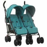 Carucior Dublu Gemeni vidaXL Verde, Otel, Pliabil, Spatar Reglabil, Cos Depozitare, Baldachin Protectie UV