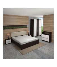 Dormitor Madrid, 5 Piese, Pat Tablie Tapitata Alb 160 X 200, 2Noptiere, Dulap, Comoda, Culoare Wenge/Alb