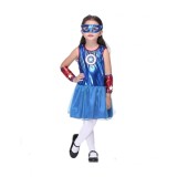 Costum Capitan America Fete IdeallStore Albastru 5-7 Ani, Rochie + Masca, Poliester, Personaj Film, Marime 110-120 cm
