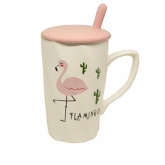 Cana cu capac din ceramica si lingurita Pufo Flamingo pentru cafea sau ceai, 12 cm foto