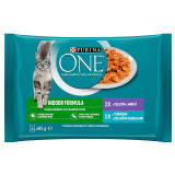 PURINA ONE INDOOR cu ton și fasole verde &icirc;n suc propriu, cu carne de vițel și morcovi &icirc;n suc, 4 x 85 g