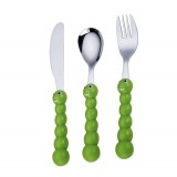 Set de tacamuri jucause Pufo Kids pentru copii, 3 piese, otel inoxidabil, verde
