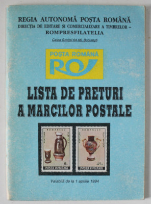LISTA DE PRETURI A MARCILOR POSTALE , VALABILA DE LA 1 APRILIE , 1994 foto