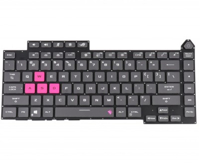 Tastatura Laptop Gaming, Asus, ROG Strix G15 GL543QE, PX513QC, iluminata, conector RGB 16 pini, gri si roz, layout US foto