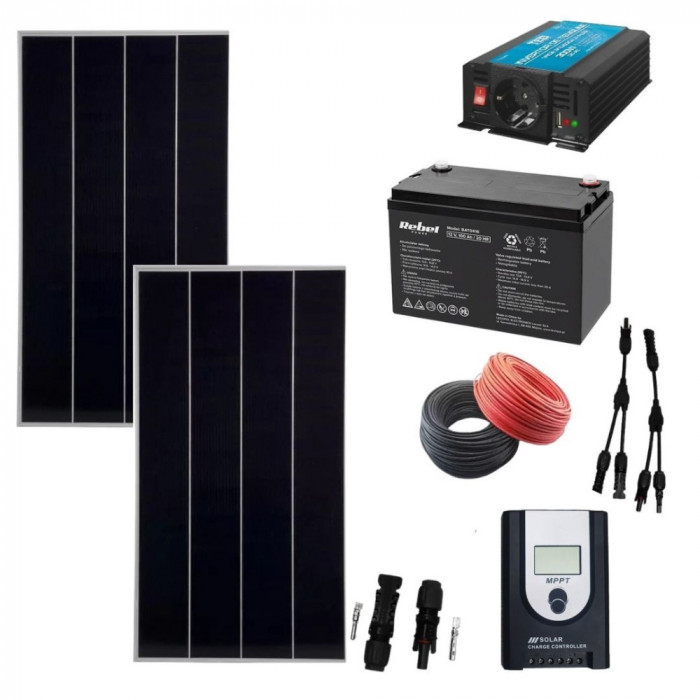 Kit sistem fotovoltaic complet 340w off grid cu invertor 300w la 220v si Acumulator 12V 100 Ah Rebel Power SafetyGuard Surveillance