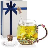 Cana Handmade Mercaton Crown din Sticla Emailata, Transparenta, Termorezistenta, cu Capac si Lingurita, Design Coroana, 320 ml