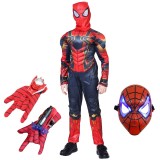 Cumpara ieftin Set costum Iron Spiderman, New Era, rosu, manusa cu ventuze, discuri si masca LED, 5-7 ani, 110-120 cm