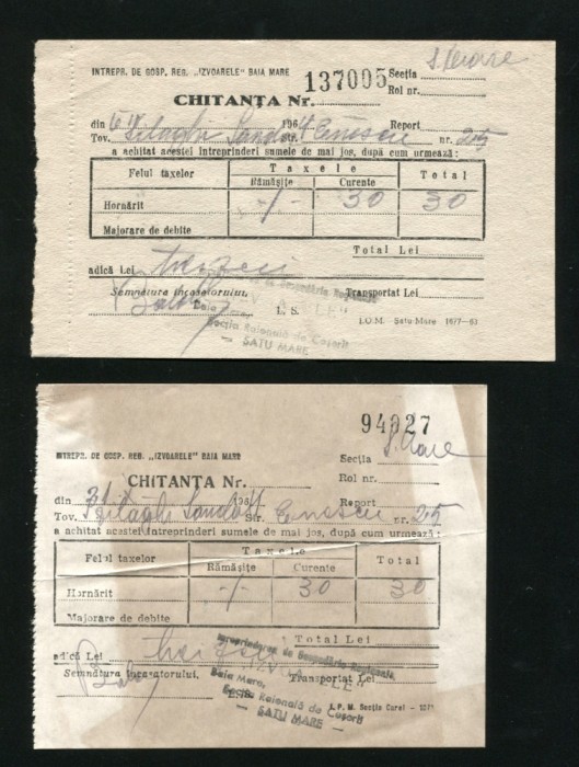 t489 INTREPRINDEREA IZVOARELE BAIA MARE CHITANTE TAXE HORNARIT 1964 SATU-MARE