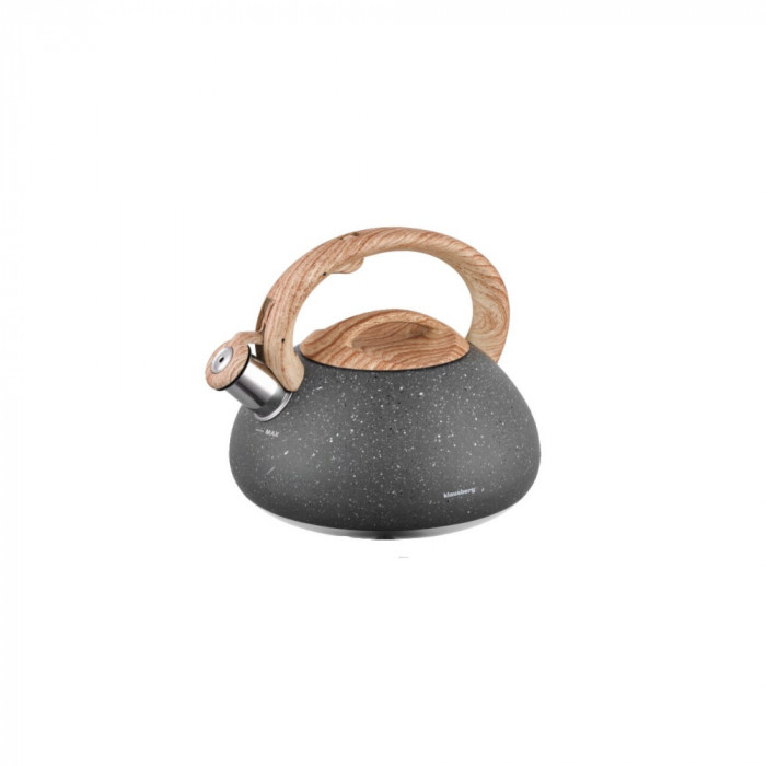 Fierbător tradițional cu fluier, fabricat din inox, marmorat, ceainic 2.7 litri, 16.5-20cm, negru, Klausberg