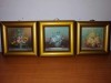 3x Tablou miniatura pictura ulei pe placaj cu vaza buchet de flori nuante pastel semnat, Realism