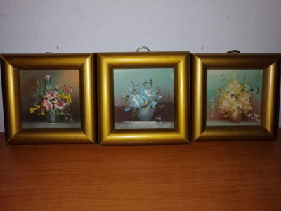 3x Tablou miniatura pictura ulei pe placaj cu vaza buchet de flori nuante pastel semnat foto