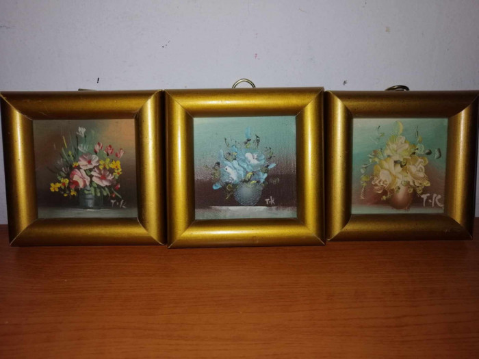 3x Tablou miniatura pictura ulei pe placaj cu vaza buchet de flori nuante pastel semnat