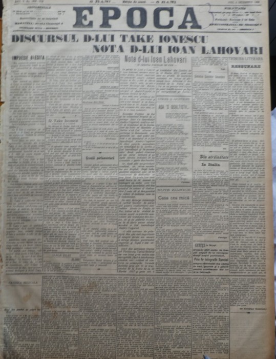 Ziarul Epoca, 2 Dec. 1899; Discursul D-lui Take Ionescu ; Nota D-lui I. Lahovari
