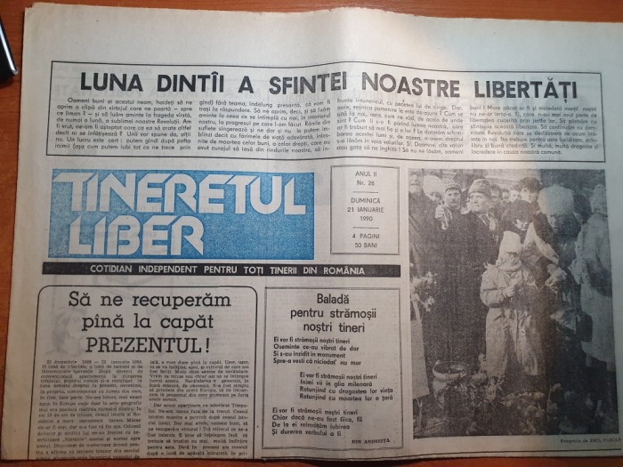 ziarul tineretul liber 21 ianuarie 1990-luna dintai a sfintei noastre libertati