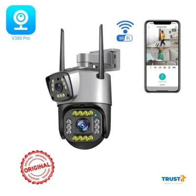 Camera supraveghere dubla, wireless, 2 lentile comunicare bidirectionala, cu aplicatie pentru Android, IOS si PC, gri negru- foto