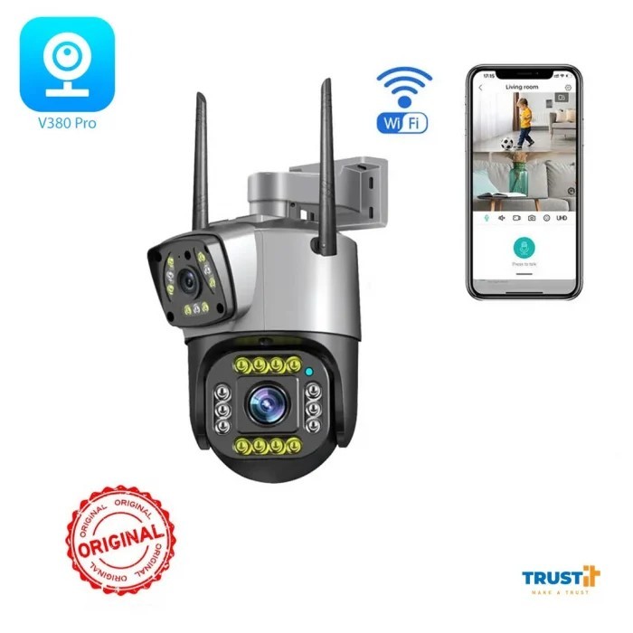 Camera supraveghere dubla, wireless, 2 lentile comunicare bidirectionala, cu aplicatie pentru Android, IOS si PC, gri negru-