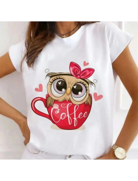 Tricou Dama Alb Cafea si Bufnita - S(36)