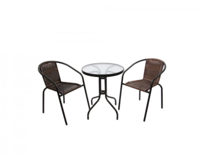 Set masa OMC 60X69.5cm cu 2 scaune din otel si polietilena, pentru gradina, maro