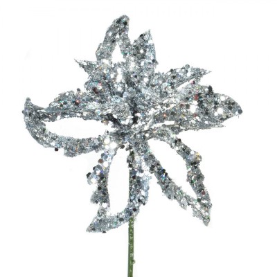 Floare Crăciun Glitter, 9x4x18 cm, Argintiu foto