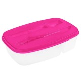 Cutie alimentara cu capac si tacamuri, Neirini, Roz/Transparent, 22 x 14 x 6 cm