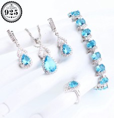 Set bijuterii elegante placate cu argint 925, cu cristale de zirconiu bleu-turcoise