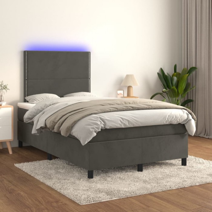 vidaXL Pat cu arcuri, saltea și LED, gri &icirc;nchis, 120x200 cm, catifea 3136054