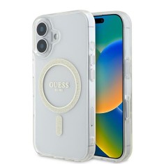 Husa iPhone 16 originala Guess IML Glitter Circle MagSafe, transparenta, GUHMP16SHFGERET foto