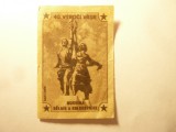 Vigneta Cehoslovacia 1957 -Statuie muncitori kolhoznici ,posibil reclama chibrit