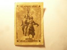 Vigneta Cehoslovacia 1957 -Statuie muncitori kolhoznici ,posibil reclama chibrit