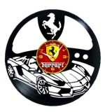 Ceas de Perete Decorativ &ldquo;Ferrari &ndash; Italian Speed&rdquo;, din Disc Vinil Reciclat, Design Auto Sport, Negru, Mecanism Silențios (Sweep), 30 cm