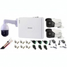 Kit supraveghere Hikvision 3 camere 1 Speed Dome TurboHD 2MP IR100m zoom25X, 2 camere 5MP ir40m full accesorii SafetyGuard Surveillance