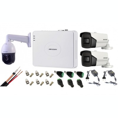 Kit supraveghere Hikvision 3 camere 1 Speed Dome TurboHD 2MP IR 100m zoom 25X 2 camere 5MP ir 40m DVR 4 canale full accesorii SafetyGuard Surveillance foto