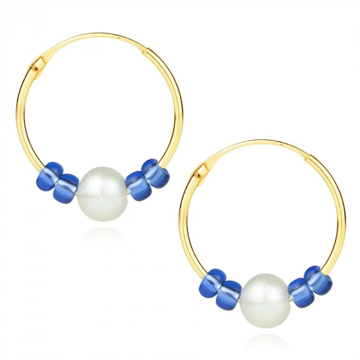Cercei cercuri din aur de 9K &ndash; o perlă albă de apă dulce, cristale albastre