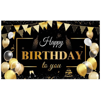 Banner Tip Fundal pentru Poze, Cyrax, din Panza, Model Happy Birthday to You, 185 x 110 cm, Sfoara 6 m, Prindere in 4 Colturi, Negru/Auriu foto