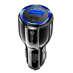 Incarcator bricheta auto 12V, 1x USB, 1x type C 3.0 cu incarcare rapida - Negru