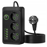 Prelungitor electric vertical tip turn cu 3 prize,4 porturi USB-A si 1 port USB-C,alimentare simultana pana la 8 dispozitive,putere maxima 2500 W