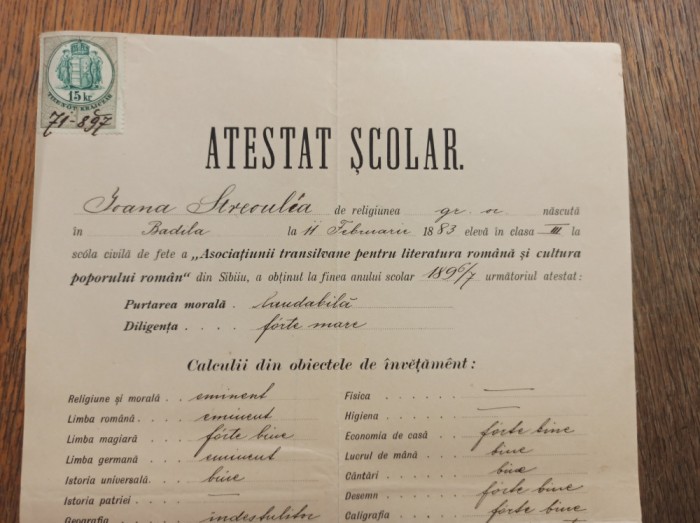 ATESTAT SCOLAR SIBIU 1897- SCOALA DE FETE , CLASA III-A