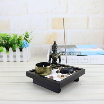 Set Decorativ cu Statuie Buddha, Suport Lumanari Bete Parfumate, Nisip, Pietre Decorative si Suport din Lemn, 12.5 x 12.5 x 3 cm foto