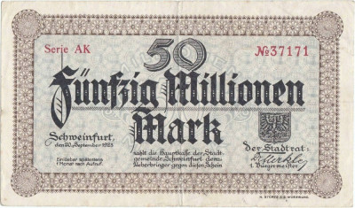 1923 (20 IX), 50.000.000 mark (Keller 5093l) - Germania (Schweinfurt)! foto