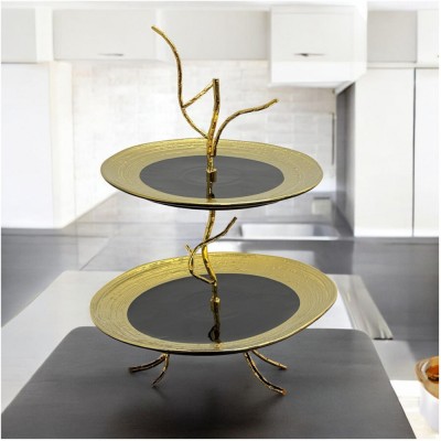 Platouri Portelan supraetajate, 2 niveluri, Candy Bar, Negru cu Auriu, 25 si 21 cm foto