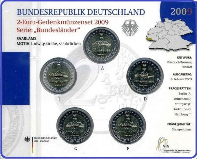 GERMANIA 2009 - 5 x 2 euro comemorativ -Ludwingskirche -A,D,F,G,J -blister/BU foto