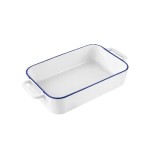 Vas termorezistent din ceramica dreptunghilar pentru cuptor, 33 cm, capacitate 2.2 litri, alb cu margine albastra, Yucca Florina
