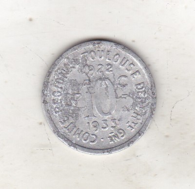 bnk mnd Franta 10 Centimes 1922 - Comit&amp;eacute; R&amp;eacute;gional - Toulouse Haute-Garonne foto