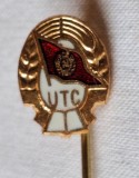 UTC - Uniunea Tineretului Comunist din Romania, varianta ac lung, alama cu email la cald, insigna din anii 1970, perioada socialista