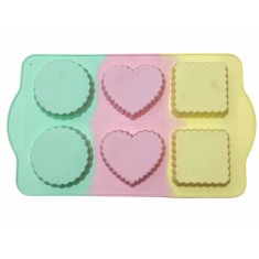 Forma din silicon pentru prajituri si tarte, model patrat, inima, rotund, termorezistenta, 6 cavitati, 533COF