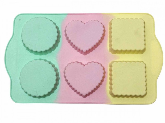 Forma din silicon pentru prajituri si tarte, model patrat, inima, rotund, termorezistenta, 6 cavitati, 533COF