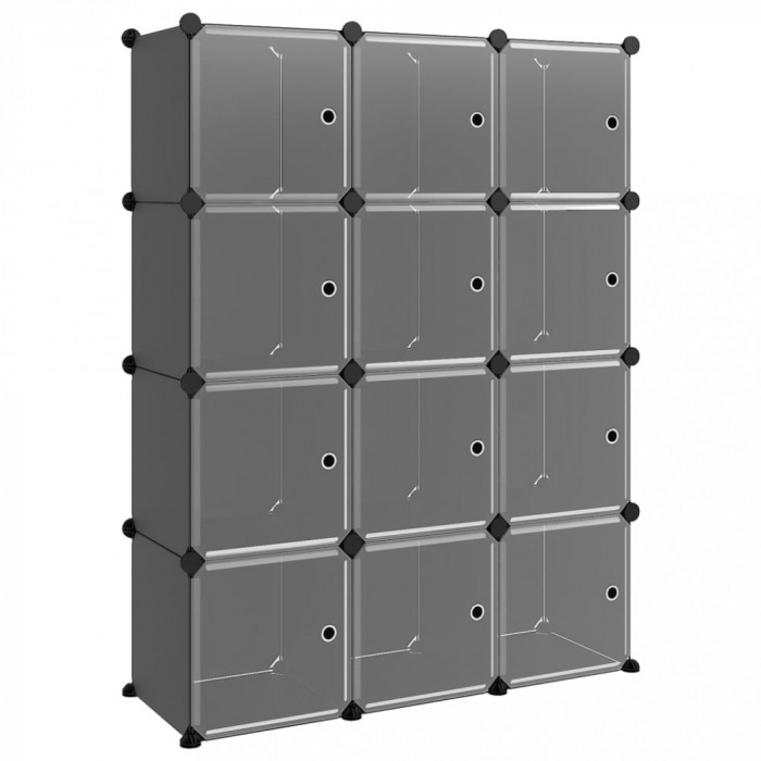Organizator cub de depozitare cu usi, 12 cuburi, negru, PP