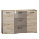 Cumpara ieftin Comoda, 2 usi, 3 sertare, din pal maro stejar san marino latte lucios, Assor, 130x35x85 cm